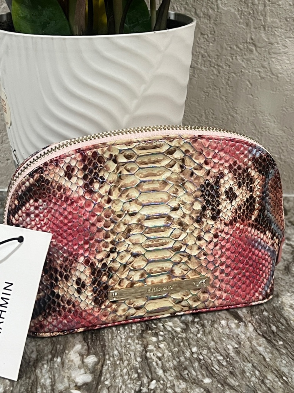 BRAHMIN Tina Pink All Over Snake Small Dome Cosmetic Case NWT